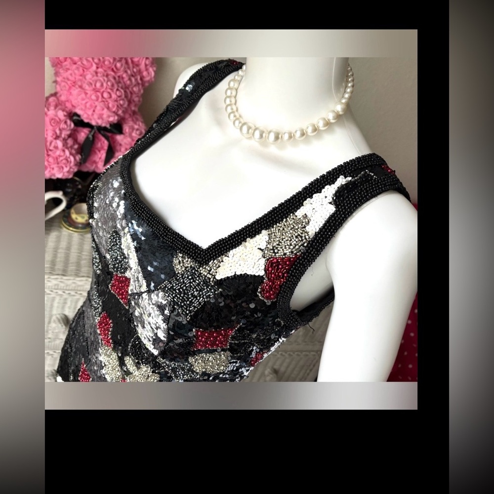 Vintage Oleg Cassini Sequin Silk Mini Dress BodyCon Low Cut Black & White Size 4 - Picture 2 of 12